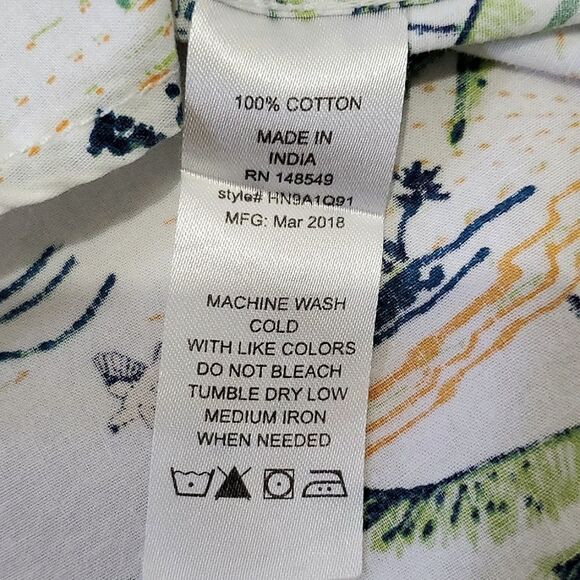 Huntington Beach Club Shirt, Sz XL, Tropical Print White/Green/Orange, Cotton - Picture 7 of 8